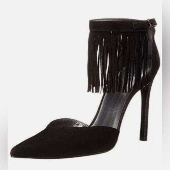 Stuart Weitzman Shoes - Stuart‎ Weitzman Fringelica Fringe Suede Ankle Strap Pump Black Women Sz 7.5 M
